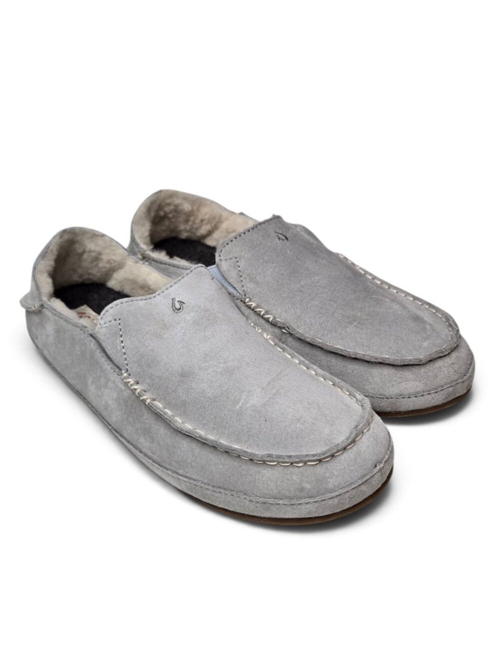 Olukai Nohea Grey Suede Shearling Lined Slippers Womens Comfort Flip Back W10
